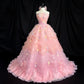 Sweet Prom Dress Strapless Flower Tulle Pleated Ball Gown Evening Dress Quinceanera Dress    D2839