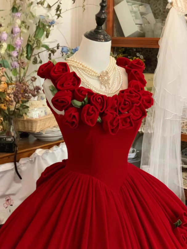 Cute Prom Dress Red Crew Neck Ruffle Pleated Ball Gown Quinceanera Dress Princess Dresses  D2939