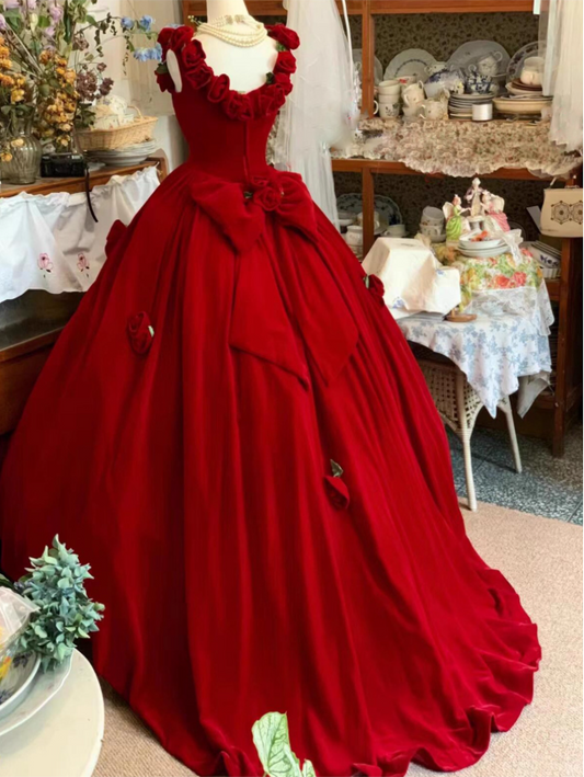Cute Prom Dress Red Crew Neck Ruffle Pleated Ball Gown Quinceanera Dress Princess Dresses  D2939