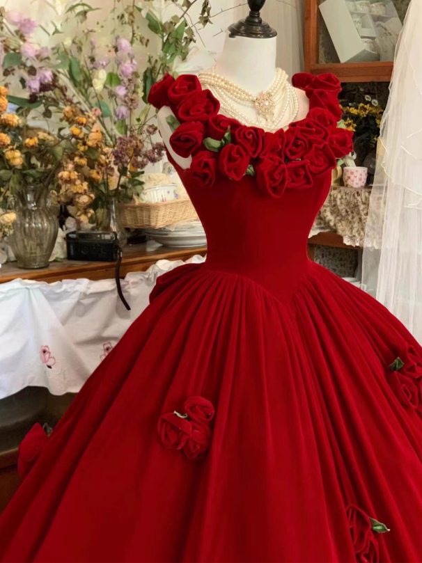 Cute Prom Dress Red Crew Neck Ruffle Pleated Ball Gown Quinceanera Dress Princess Dresses  D2939