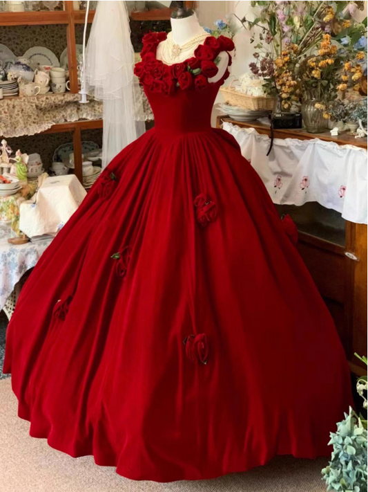 Cute Prom Dress Red Crew Neck Ruffle Pleated Ball Gown Quinceanera Dress Princess Dresses  D2939