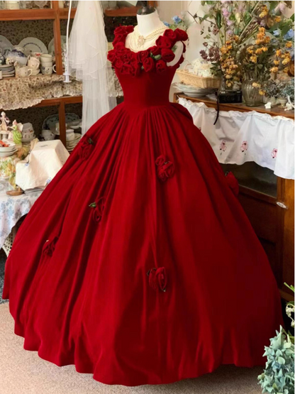 Cute Prom Dress Red Crew Neck Ruffle Pleated Ball Gown Quinceanera Dress Princess Dresses  D2939