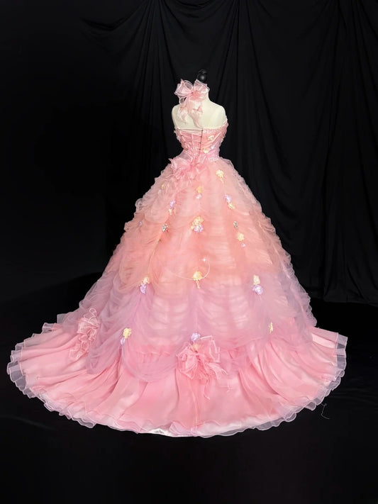 Sweet Prom Dress Strapless Flower Tulle Pleated Ball Gown Evening Dress Quinceanera Dress    D2839