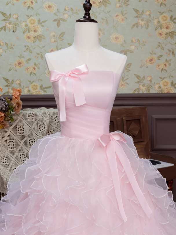 Cute Prom Dress Pink Strapless Pleated Ruffle Ball Gown 16th Dress Evening Dress  D2942