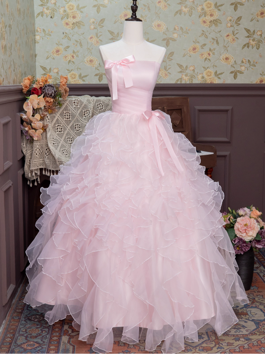 Cute Prom Dress Pink Strapless Pleated Ruffle Ball Gown 16th Dress Evening Dress  D2942