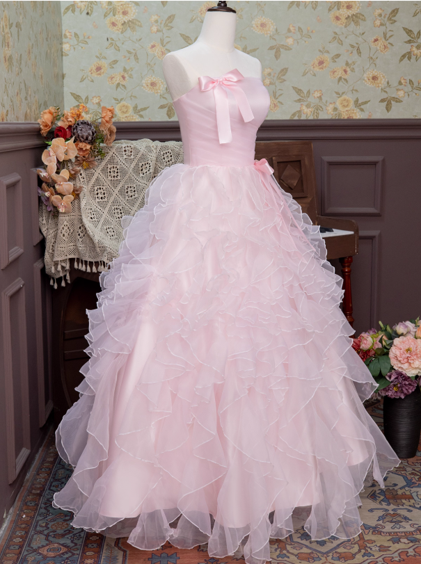 Cute Prom Dress Pink Strapless Pleated Ruffle Ball Gown 16th Dress Evening Dress  D2942