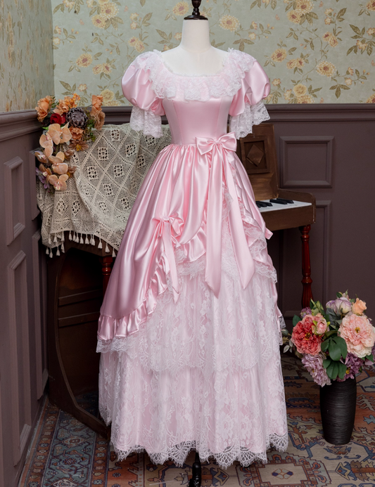 Stunning Prom Dress Pink Square Neck Pleated Lace Evening Dress16th Dress   D2943