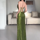 Shiny Prom Dress Green Strapless Pleated Slit Evening Dress Gala Dress Party Dress   D2944