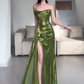 Shiny Prom Dress Green Strapless Pleated Slit Evening Dress Gala Dress Party Dress   D2944