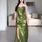 Shiny Prom Dress Green Strapless Pleated Slit Evening Dress Gala Dress Party Dress   D2944