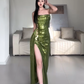 Shiny Prom Dress Green Strapless Pleated Slit Evening Dress Gala Dress Party Dress   D2944