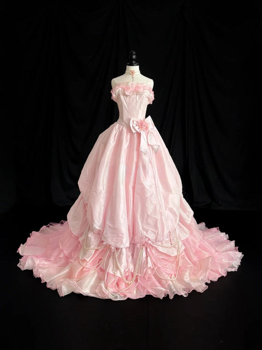 Cute Prom Dress Strapless Ruffle Pearl Ball Gown Evening Dress 16th Dress  D2846