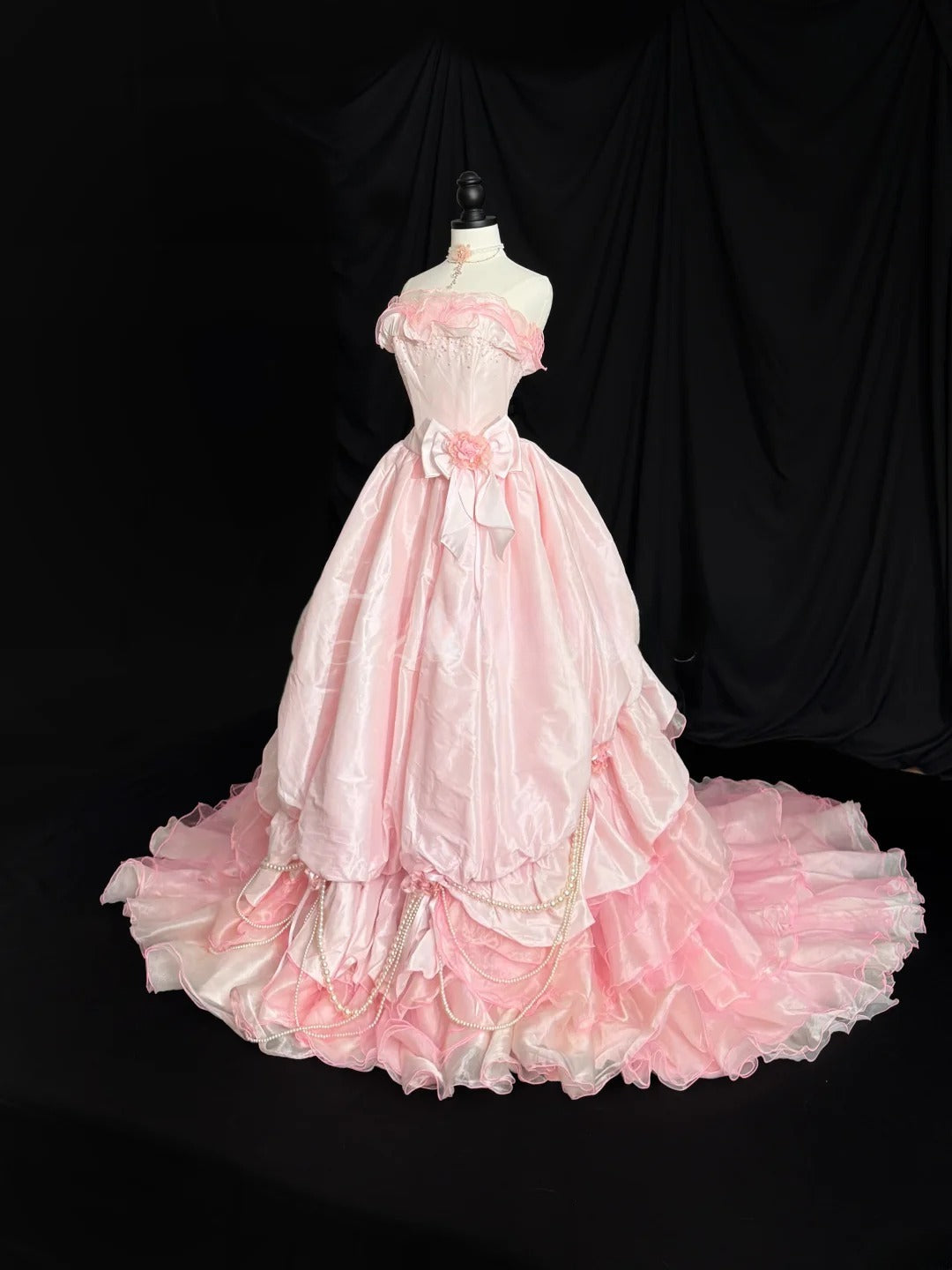 Cute Prom Dress Strapless Ruffle Pearl Ball Gown Evening Dress 16th Dress  D2846