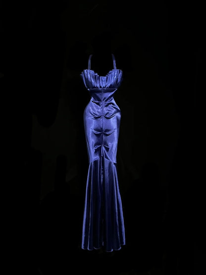 Elegant Prom Dress Navy Blue Spaghetti Straps Pleated Mermaid Gala Dress Evening Dress Party Dress    D2951