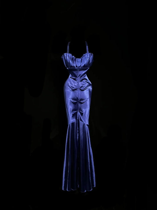 Elegant Prom Dress Navy Blue Spaghetti Straps Pleated Mermaid Gala Dress Evening Dress Party Dress    D2951