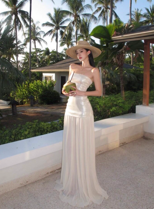 Shiny Women Dress Strapless Pleated Party Dress Summer Date Dress Vacation Dress    D2955