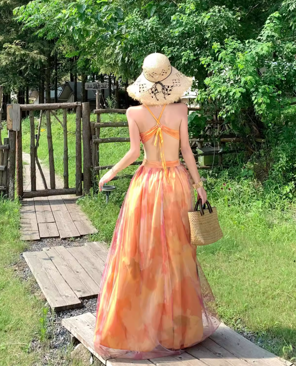 Stunning Women Dress Spaghetti Straps Pleated Summer Date Dress Seaside Party Dress    D2957