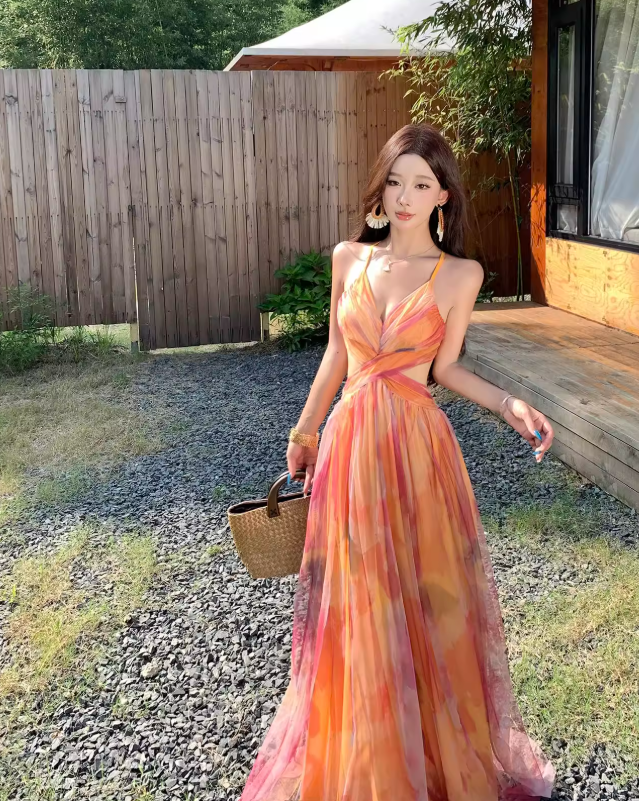 Stunning Women Dress Spaghetti Straps Pleated Summer Date Dress Seaside Party Dress    D2957