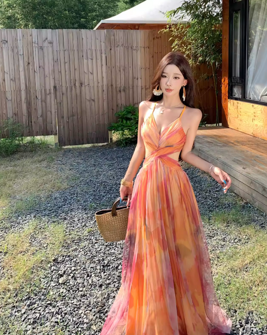 Stunning Women Dress Spaghetti Straps Pleated Summer Date Dress Seaside Party Dress    D2957