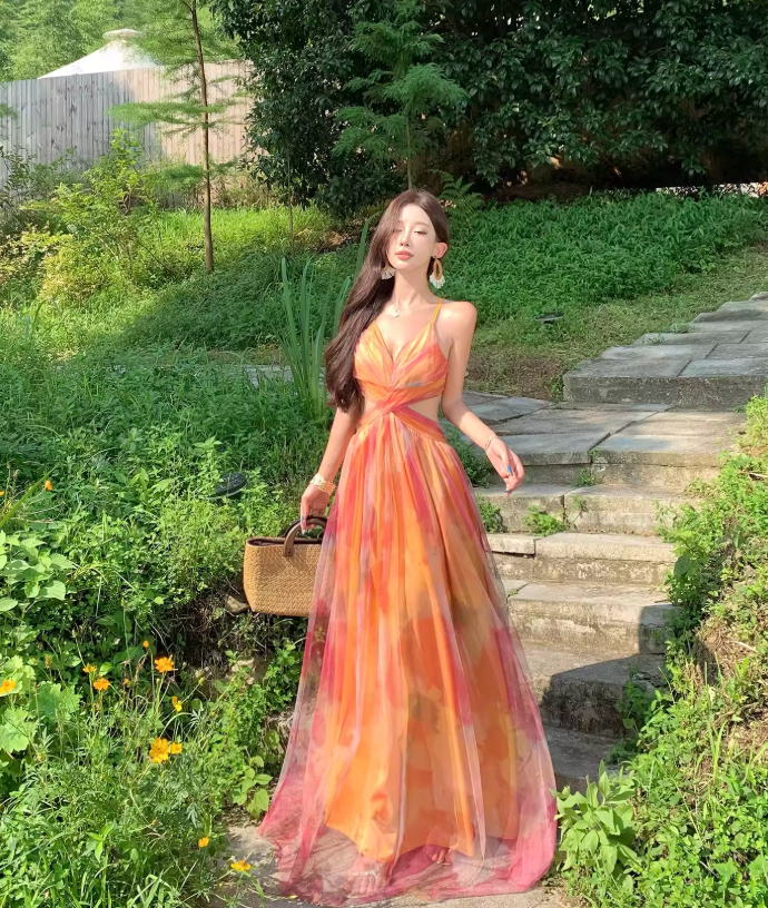 Stunning Women Dress Spaghetti Straps Pleated Summer Date Dress Seaside Party Dress    D2957