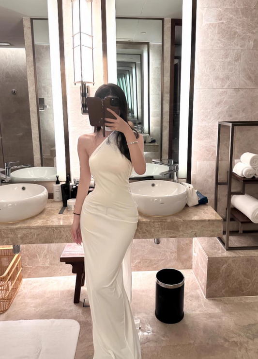 Minimalist Women Dress One Shoulder Fitted Pleated Summer Date Dress Seaside Party Dress    D2958