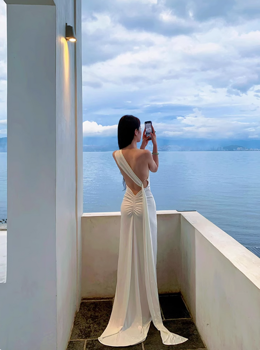 Minimalist Women Dress One Shoulder Fitted Pleated Summer Date Dress Seaside Party Dress    D2958