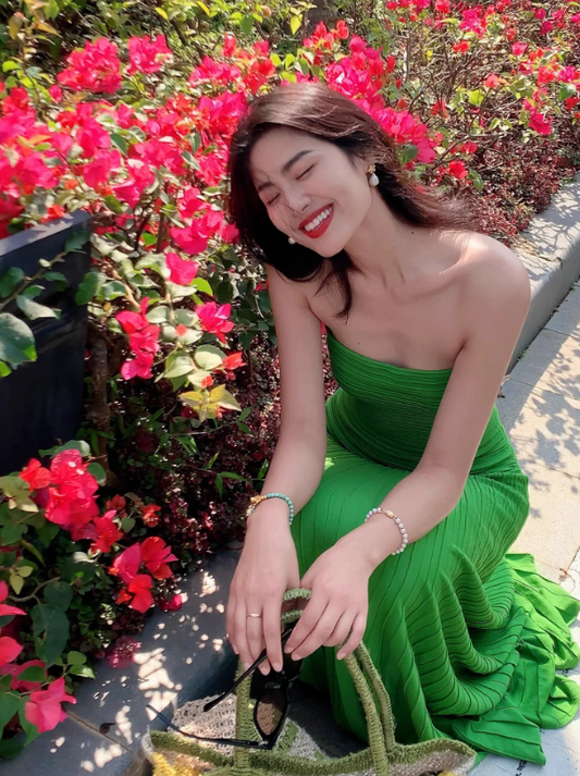 Charming Women Dress Green Strapless Pleated Summer Date Dress Seaside Party Dress   D2959