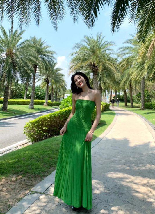 Charming Women Dress Green Strapless Pleated Summer Date Dress Seaside Party Dress   D2959