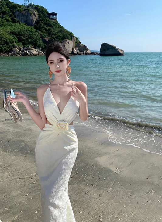 Elegant Women Dress Halter Backless Summer Seaside Dress Vacation Date Dress   D2961
