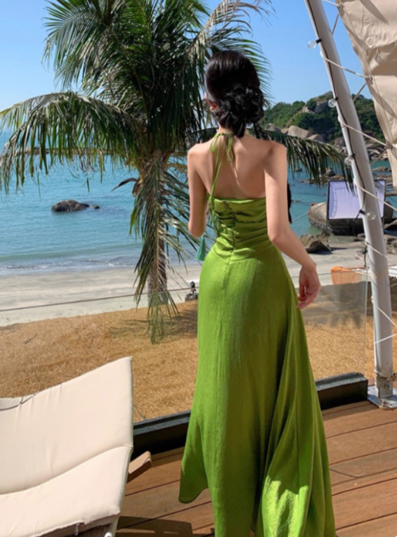 Beauty Summer Dress Halter Pleated Women Dress Vacation Seaside Dress Date Dress Party Dress   D2964