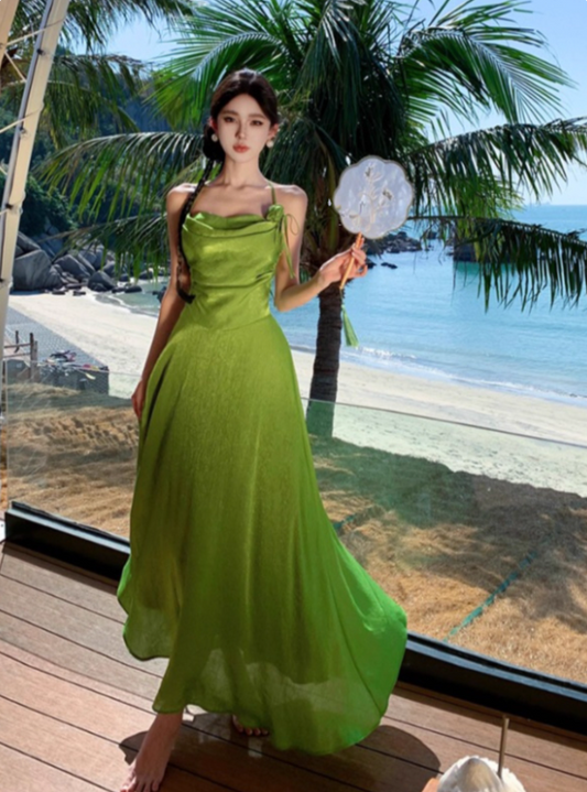 Beauty Summer Dress Halter Pleated Women Dress Vacation Seaside Dress Date Dress Party Dress   D2964