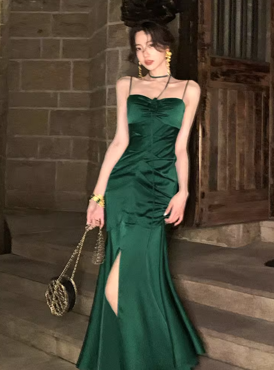 Stunning Summer Dress Spaghetti Straps Pleated Slit Women Dress Vacation Dress Daily Date Dress Party Dress   D2969