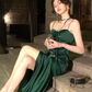 Stunning Summer Dress Spaghetti Straps Pleated Slit Women Dress Vacation Dress Daily Date Dress Party Dress   D2969