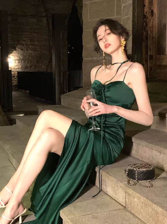 Stunning Summer Dress Spaghetti Straps Pleated Slit Women Dress Vacation Dress Daily Date Dress Party Dress   D2969