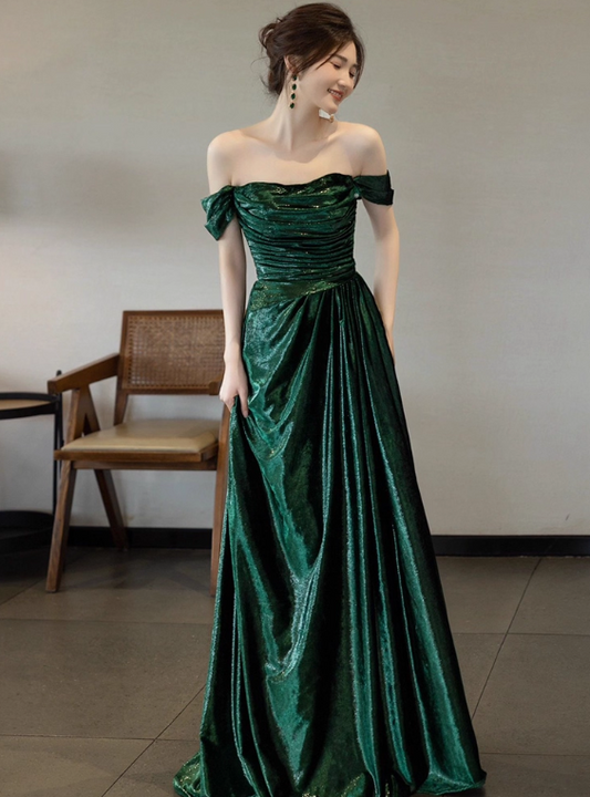 Shiny Prom Dress A Line Off Shoulder Pleated Evening Dress Gala Dress Party Dress   D2972