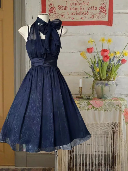 Beauty Homecoming Dress Navy Blue A Line Halter Pleated Short Prom Dress Party Dress Casual Dress   D2983