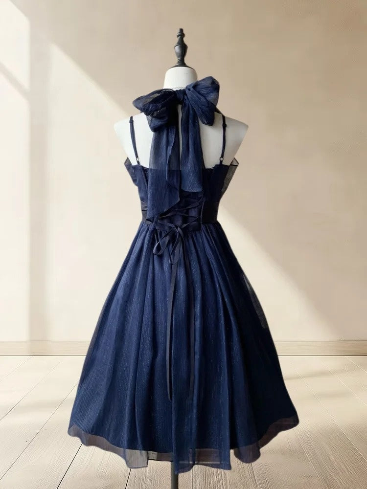 Beauty Homecoming Dress Navy Blue A Line Halter Pleated Short Prom Dress Party Dress Casual Dress   D2983
