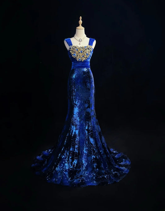 Gorgeous Prom Dress Navy Blue Square Neck Pleated Mermaid Long Evening Dresses Gala Dress D2984