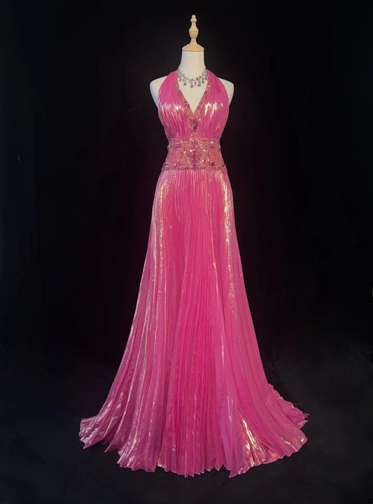 Shiny Prom Dress V-neck Pleated Crystal Long Evening Dresses Gala Dress Party Dresss D2989