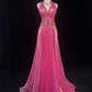 Shiny Prom Dress V-neck Pleated Crystal Long Evening Dresses Gala Dress Party Dresss D2989
