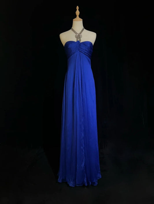 Sexy Prom Dress Blue A Line Halter Pleated Long Gala Dress Evening Dresses Party Dress D2990