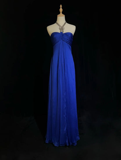 Sexy Prom Dress Blue A Line Halter Pleated Long Gala Dress Evening Dresses Party Dress D2990