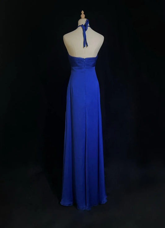 Sexy Prom Dress Blue A Line Halter Pleated Long Gala Dress Evening Dresses Party Dress D2990