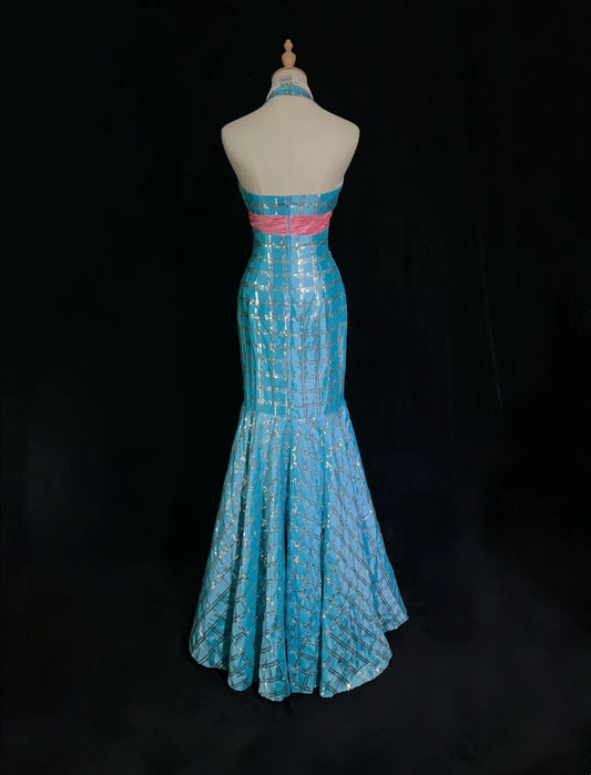 Shiny Prom Dress Blue Halter Sequin Mermaid Gala Dress Evening Dresses Party Dress D2993