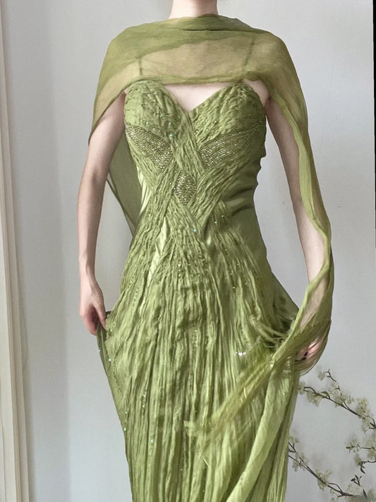 Elegant Prom Dress Green Spaghetti Straps Pleated Gala Dress Evening Dresses D2997