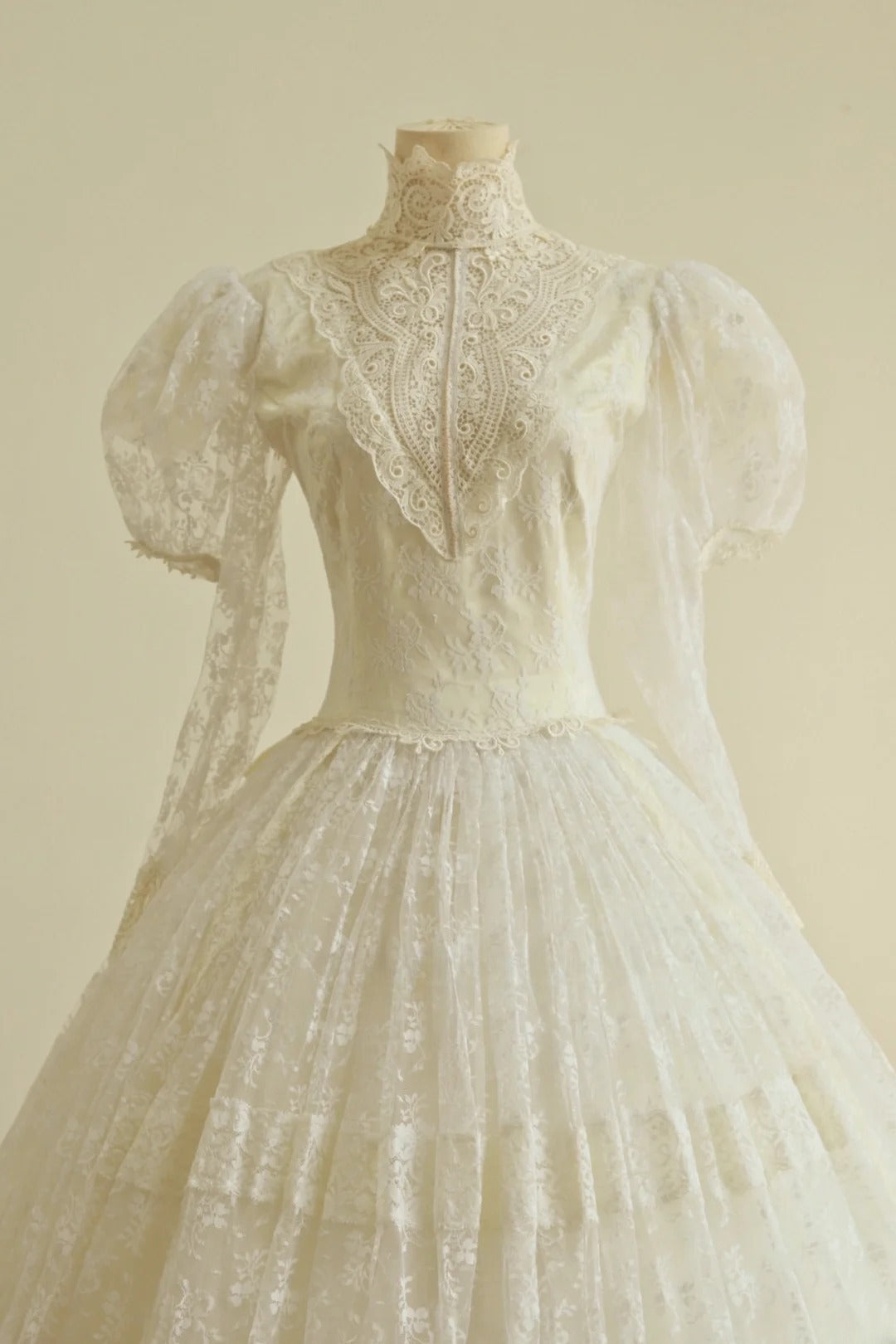Charming High Collar Lace Pleated Tiered Wedding Dress D2999