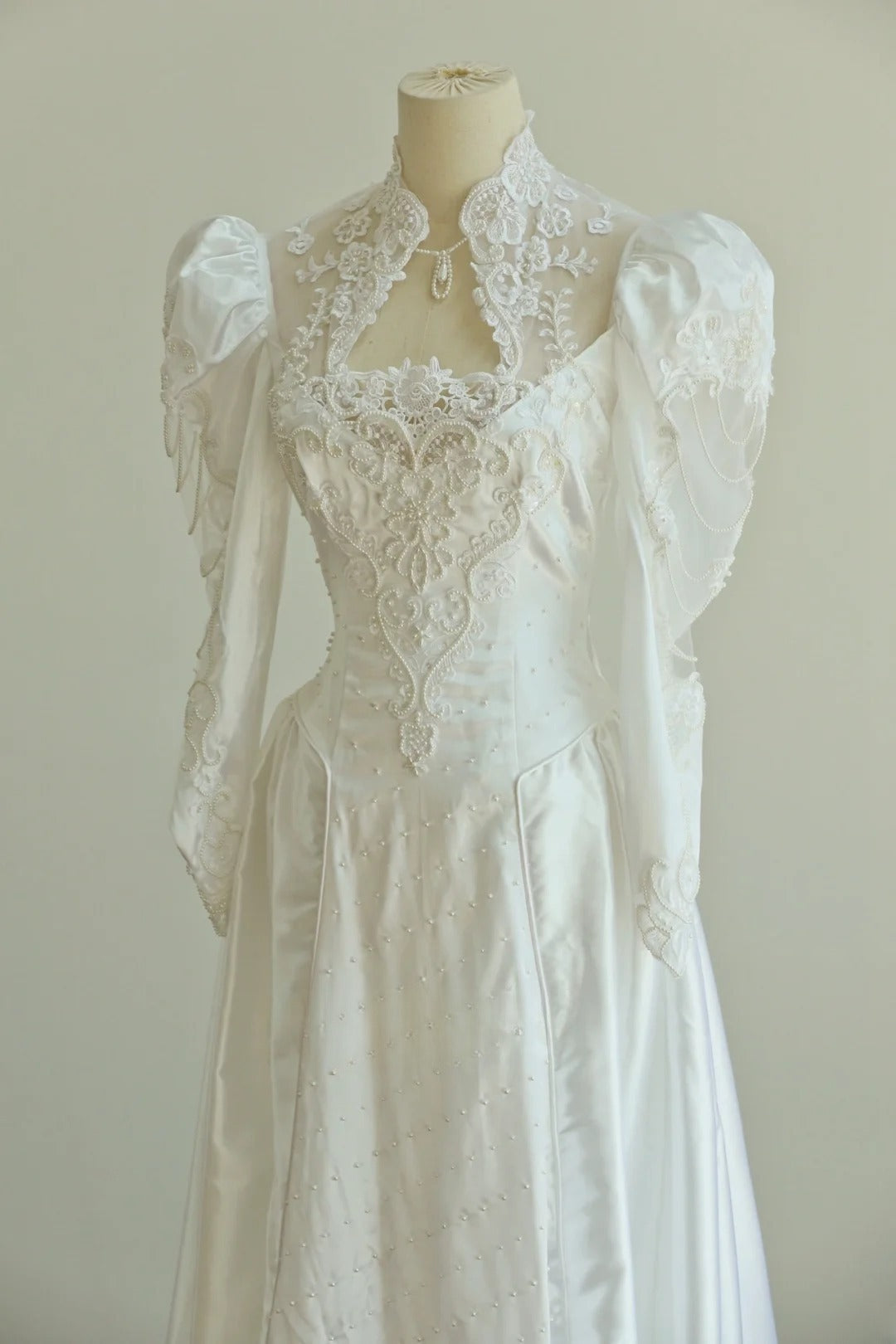 Elegant High Collar Backless Pearl Lace Wedding Dress D3000