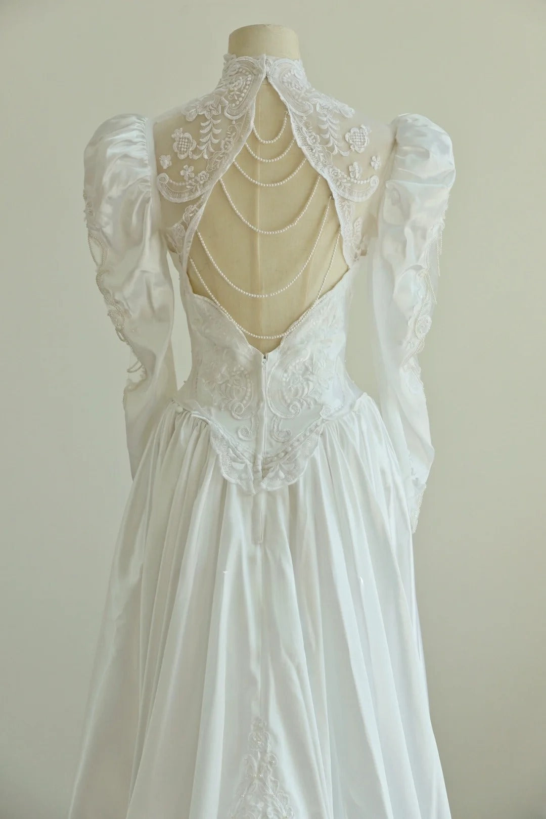 Elegant High Collar Backless Pearl Lace Wedding Dress D3000
