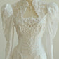 Elegant High Collar Backless Pearl Lace Wedding Dress D3000