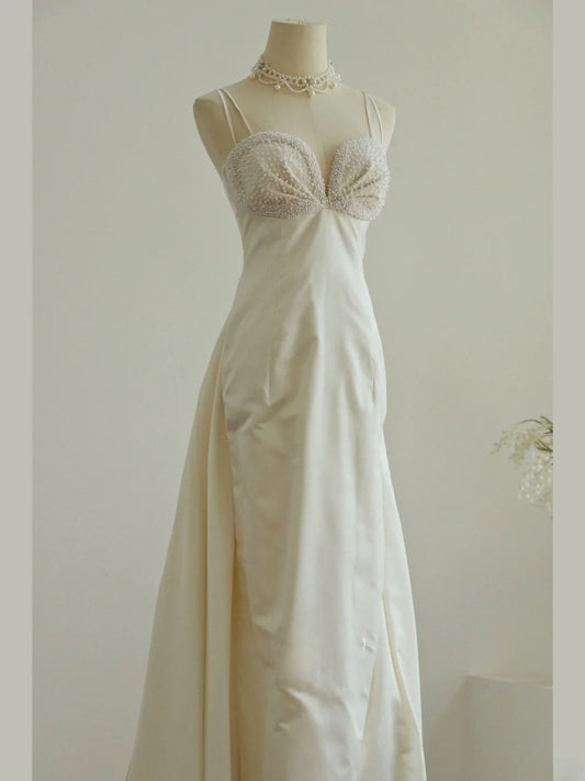 Elegant Prom Dress Spaghetti Straps Pearl Evening Dress Gala Dress D3002